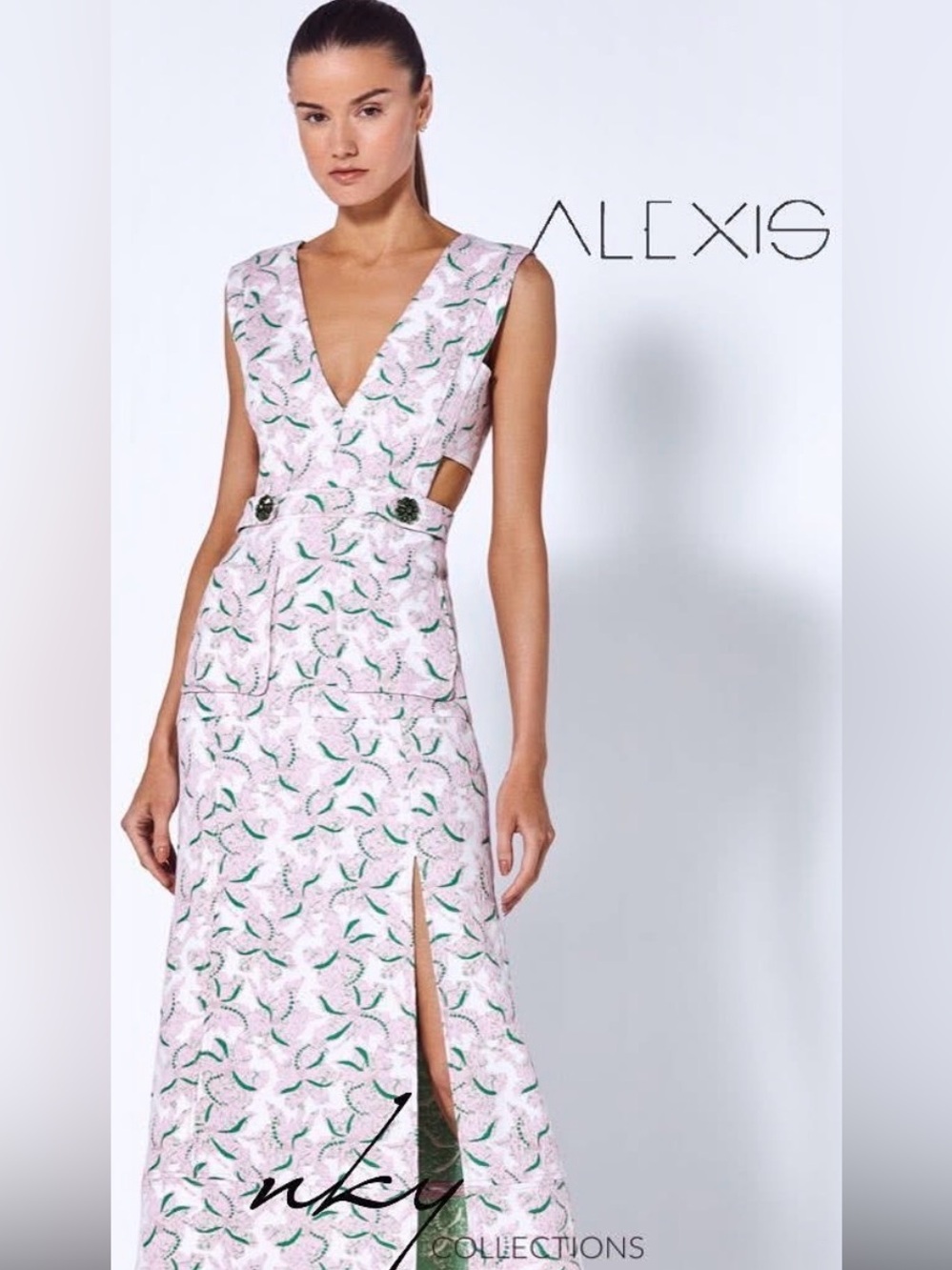 Alexis Portofino   Blush Midi Dress featuring a floral jacquard print ❤️‍🔥